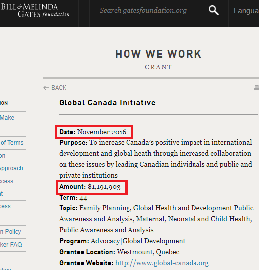 Global Canada (“GC”) was founded in 2015 and has since received three grants as disclosed on the Bill & Melinda Gates Foundation website. The first two were in November 2015/2016 and total a modest ~$1.3m…  (more on the 3rd, more recent grant in a moment)