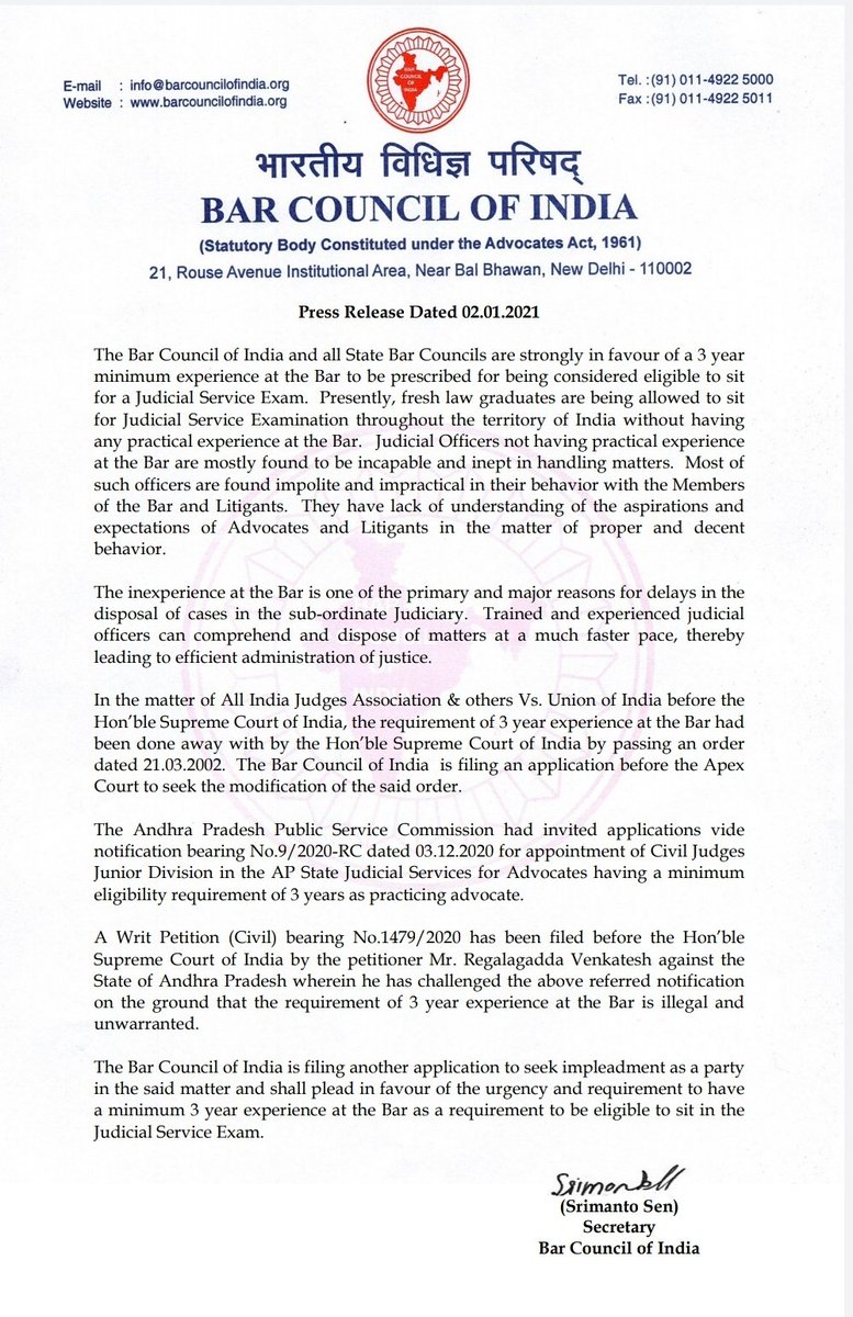 LiveLawIndia's tweet image. Bar Council of India to move Supreme Court seeking modification of the order allowing fresh law graduates to become judicial officers.
&quot;Judicial officers not having practical experience at the bar are mostly found to be incapable and inept at handling matters&quot;, BCI says.