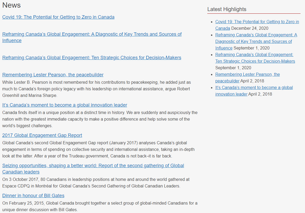 Global Canada appears to have not been very active since its founding. Here is the entirety of its “News and Highlights” since 2014…