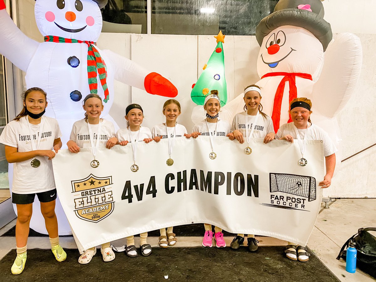 Farpost_soccer's tweet photo. Playing in the U13 division for the 2021 Frosty Classic, these U12 girls from @GretnaEliteAcad still take home the Gold medals! The Fearsome Foursome love small sided- soccer and the human pyramid! #frostyclassic #4v4 #BIGsmiles https://t.co/eePvAs9Q7m