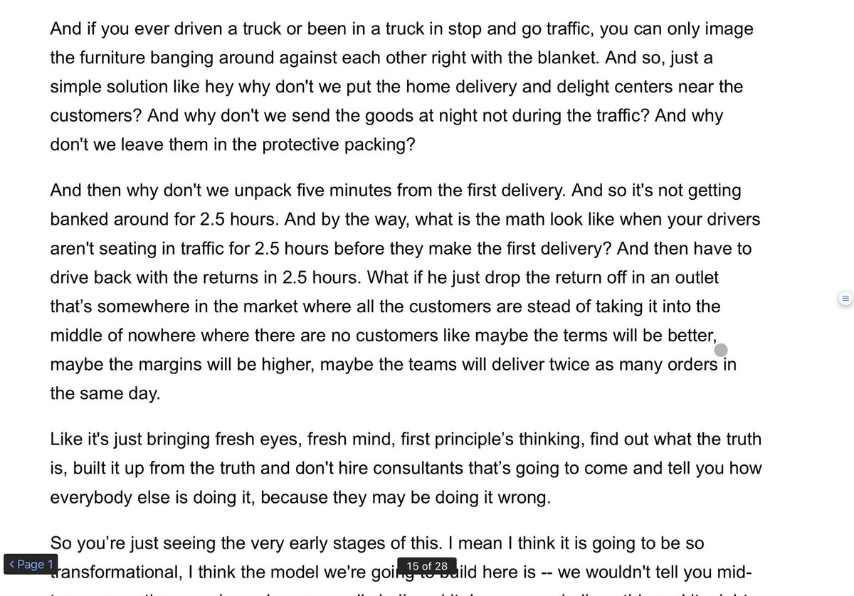 furniture companies, or they could burn their current program to the ground and rebuild it from first principles. They decided on the latter choice. This lead them to realize that they needed to re-architecht their logistics system because doing so would reduce nicks/returns 3/