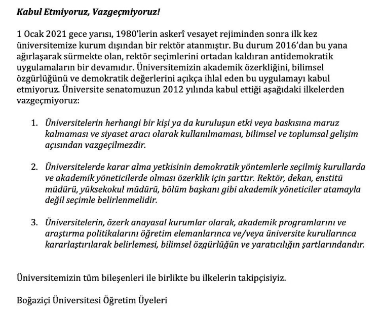 EnginAder's tweet photo. Boğaziçi Üniversitesi öğretim üyelerinin rektör atamasına dair ortak açıklaması (3 Ocak 2021) https://t.co/SmakMgHpM7