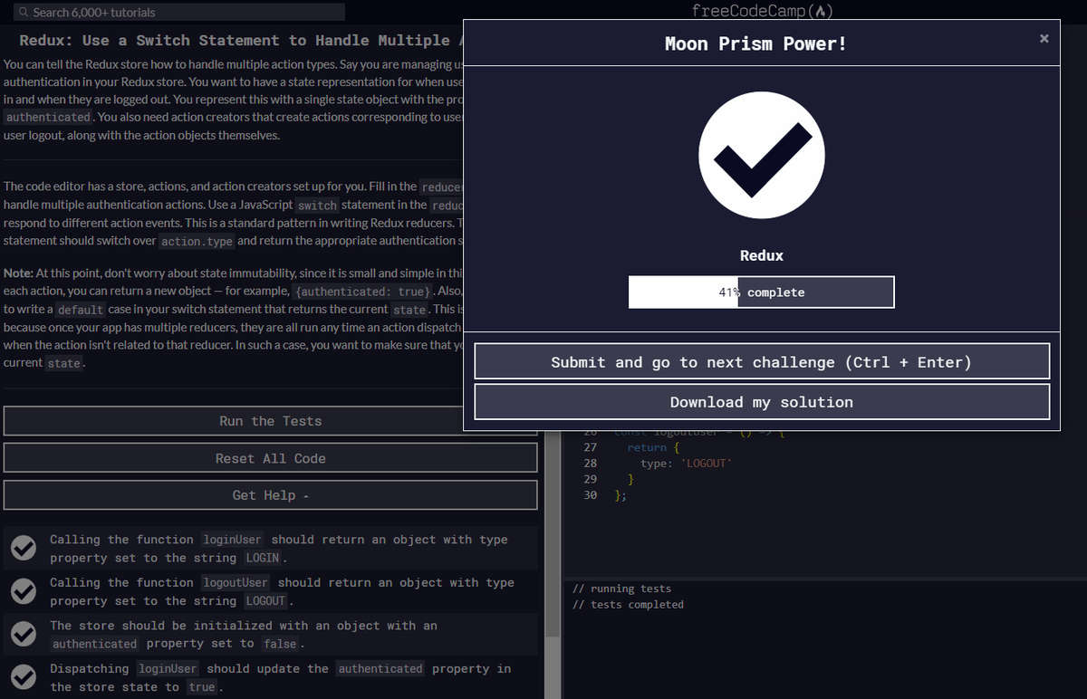 CodeQueenQBM's tweet image. Sweet! Solved how to: &quot;Redux: Use a Switch Statement to Handle Multiple Actions&quot; 

#FreeCodeAcademy #WomenWhoCode #CodeQueen #SoftwareEngineer #CodeNewbie #Study #StudyMotivation #mindset #focus #driven #goals #selfLearner #CodeGirl #CodeGurl #Redux

@Career_Karma
@KenzieAcademy