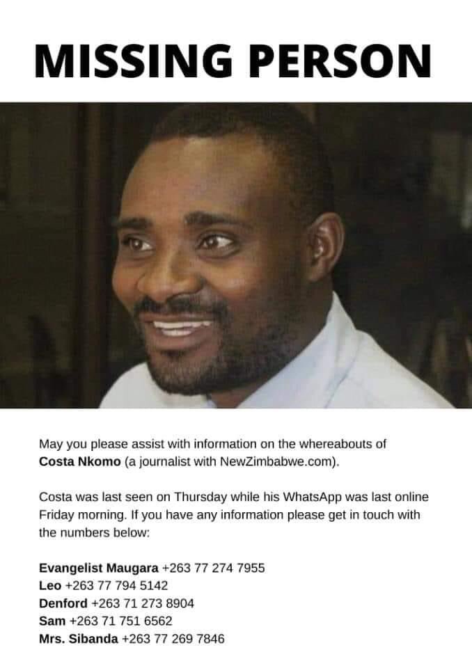Journalist Costah Nkomo- <a href="/costahcostah/">Costa Nkomo</a> with NewZimbabwe.com is reportedly missing. Please help locate him. If you have any information regarding his whereabouts, please get in touch on the numbers shown in the flier.