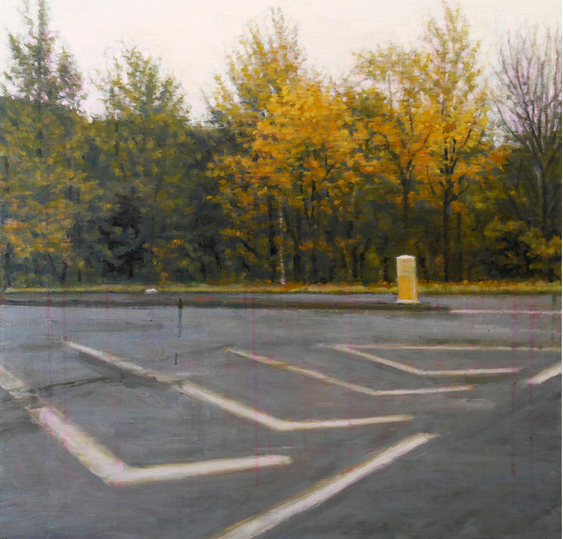 Untitled Bollard. 2016. Kate Sherman. Oil on panel. The manmade natural world disguises the carparks, retail centres and new road layouts for a growing suburbia. The landscaped trees become as functional as the bollards. Private collection. <a href="/KateShermanArt/">Kate Sherman</a>