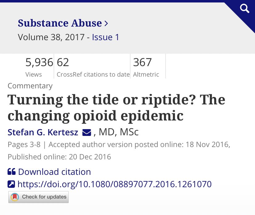 3/This piece says why efforts to “Turn the Tide” with a narrow focus on Rx risked a Riptide for patients, as fentanyl deaths rose. The article led me to brief then Surgeon General  @vivek_murthy in 2017- who shared this concern completely   https://www.tandfonline.com/doi/full/10.1080/08897077.2016.1261070