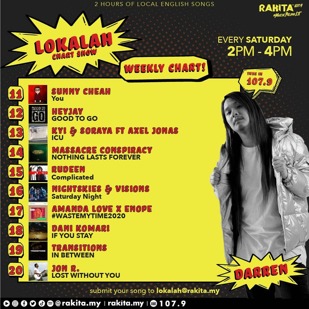 Rakitamy's tweet photo. 🔥 @AzizYazmin 🔥makes it to the TOP in this week's #LOKALAH chart show with the song 'Soul Connection' 👀 

LISTEN IN next Saturday on Rakita 107.9FM to find out who's the champ! 2pm onwards with your host @DarrenTeh

Vote for your favourite songs on Twitter starting Monday! https://t.co/XKpvzXRDhS