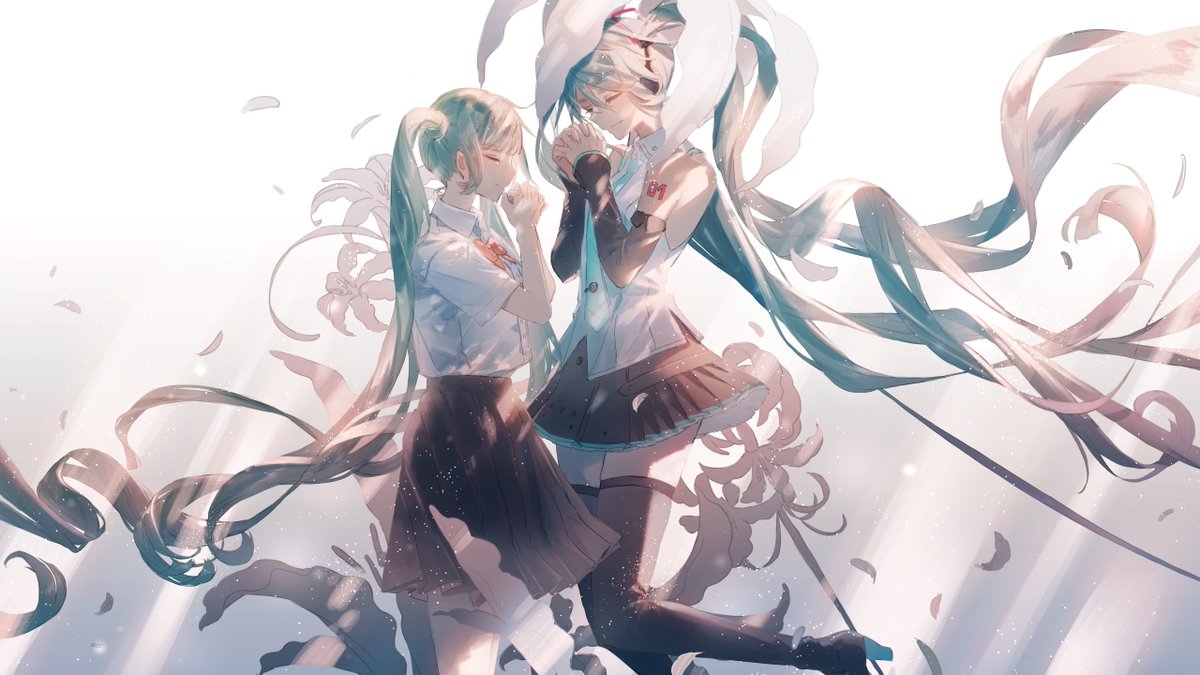 hatsune miku multiple girls skirt 2girls dual persona long hair closed eyes twintails  illustration images
