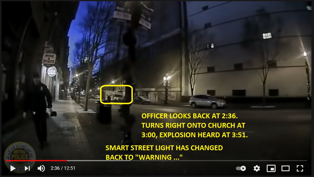 *** PHANTOM BOMB ***MNPD officer bodycam footage captured at 4 timepoints.NO suspicious looking object."Warning. If you can hear this, evacuate now" is coming from a speaker on a Smart Street Light. Officer knows it was triggered by gunshots.