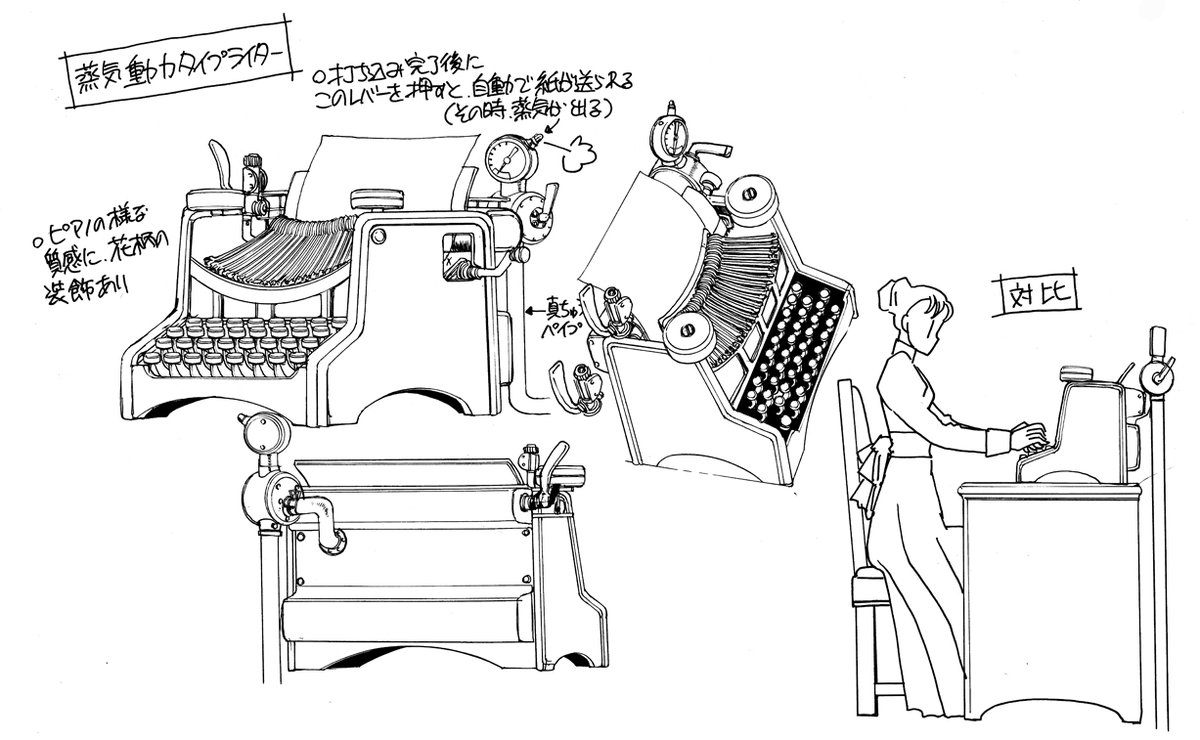 蒸気式タイプライターも描かせていただきました。 