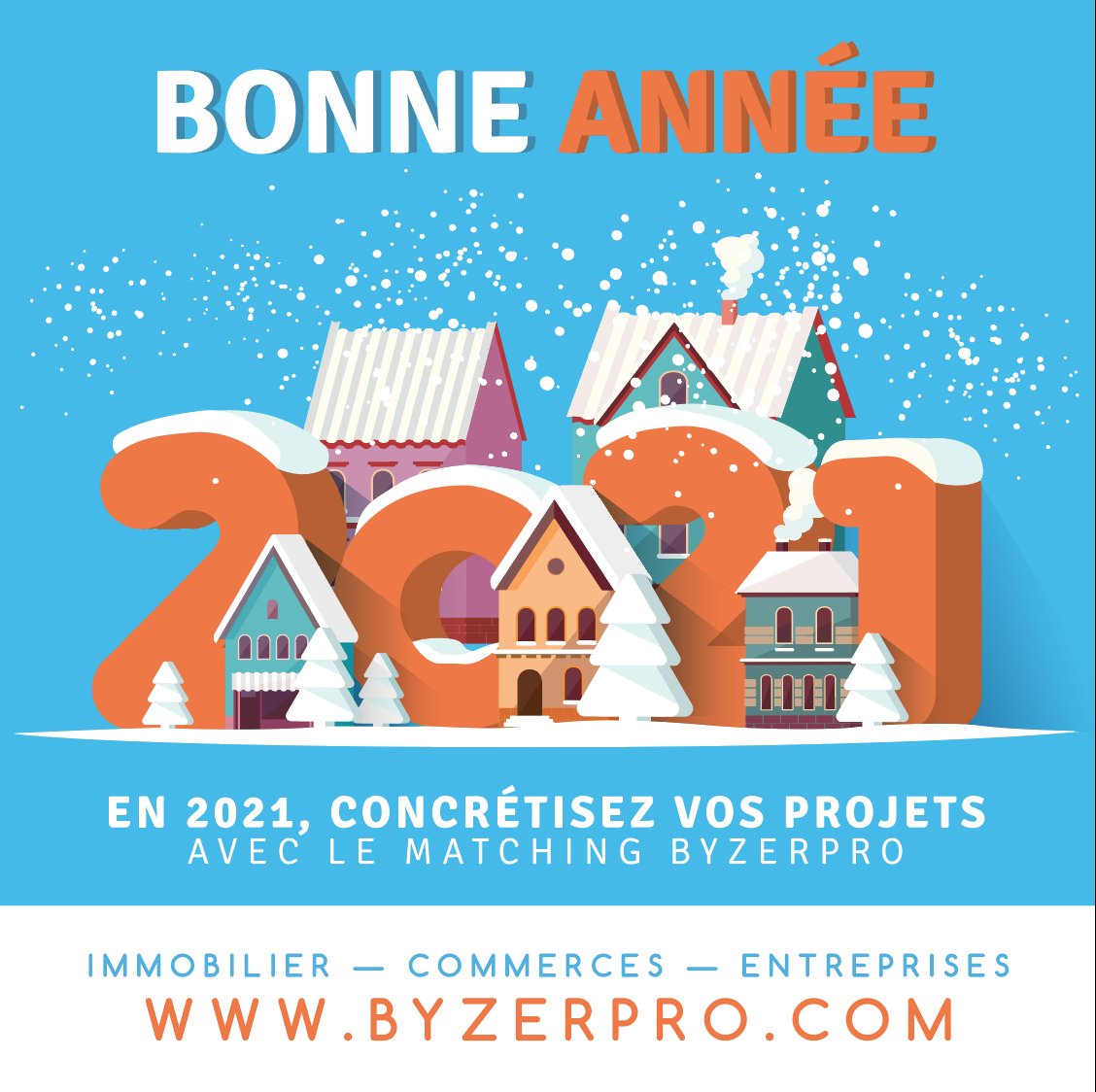 Byzerpro.com vous souhaite ses meilleurs voeux pour cette nouvelle année ! En 2021, concrétisez vos projets immobiliers personnels et professionnels grâce au matching immobilier, l'inscription est GRATUITE !
#Matching #Immobilier #Commerces #Entreprises
