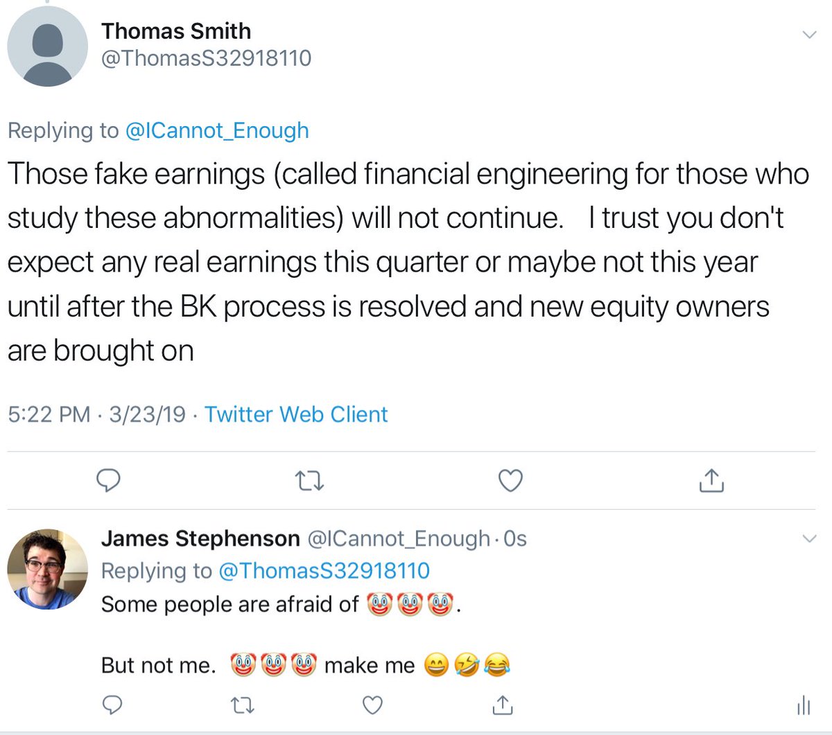 Thomas Smith:“No real earnings until after the BK process is resolved and new equity owners are brought on”.