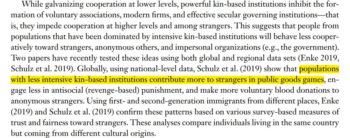 Ah, I see they do euphemisms of hajnal line, such as 'citing Joseph Henrich often' or 'exposure to the Catholic Church predicts lots of things' or 'with more kin based institutions you get less cooperation with strangers and more eagerness to punish them'