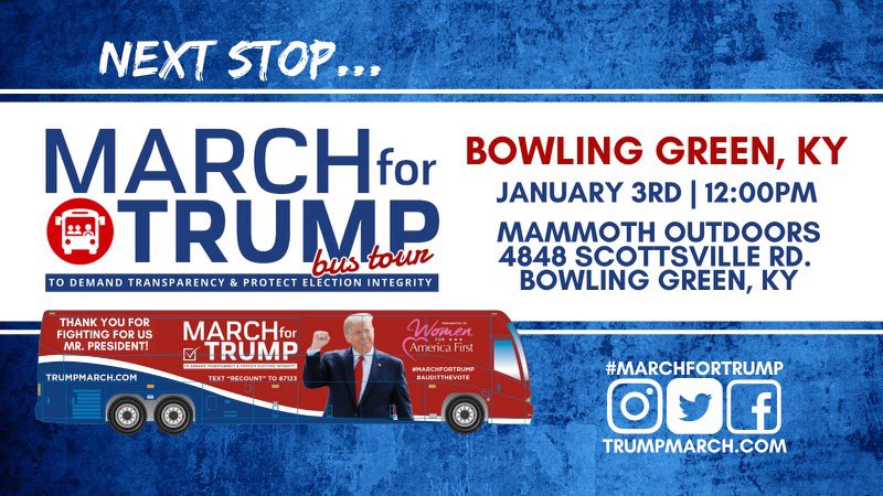 The #MarchForTrump bus rolls into Bowling Green today at 12 noon.

Senator @RandPaul, come join us & pledge to contest the electoral college for states in which we know there was voter fraud. 

We welcome you, Senator.
#SaveAmerica #DoNotCertify #MillionMagaMarch #StopTheSteaI