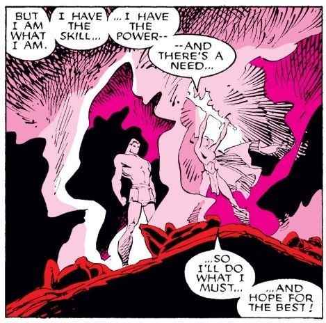 In a Shakespearean disguise plot, Illyana believes that Piotr is dead and that the being accompanying her is merely a shade in the form of her brother that she has conjured. Piotr plays along in order to preserve the X-Men’s secret that they are alive. 2/8