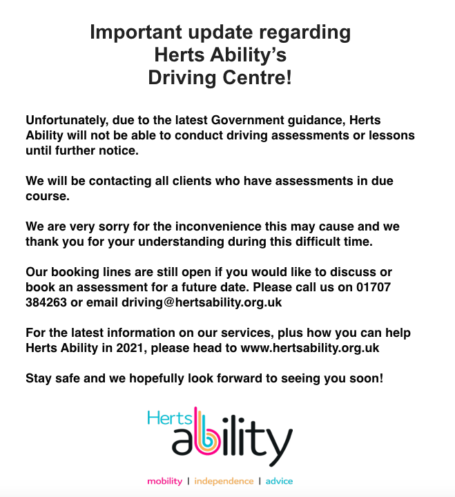 Just a friendly reminder about our services regarding the latest Covid restrictions for #Beds, #Herts and #Essex. 

Stay safe everyone and have a good weekend ❤💚💙

#HertsAbility #Charity #DrivingMobility #Driving #OccupationalTherapists #Local #StaySafe #CoronaVirus #Covid19