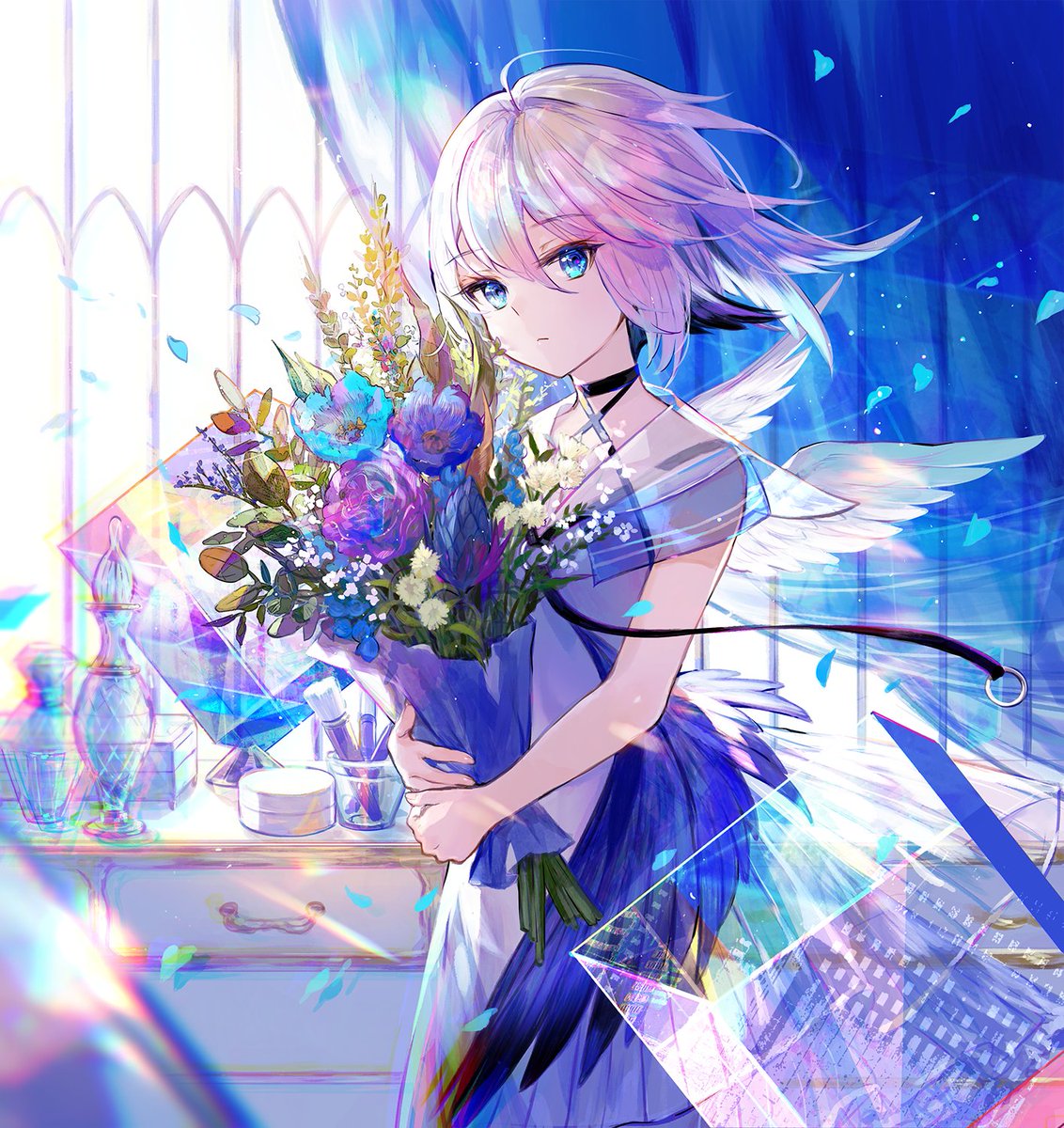 1girl solo flower blue eyes looking at viewer blue flower choker  illustration images