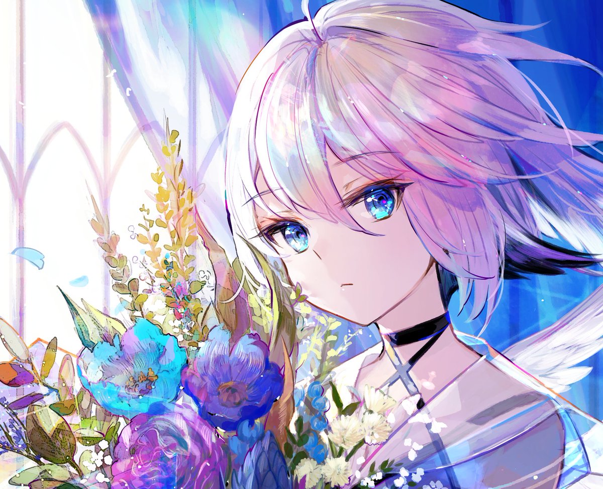 1girl solo flower blue eyes looking at viewer blue flower choker  illustration images