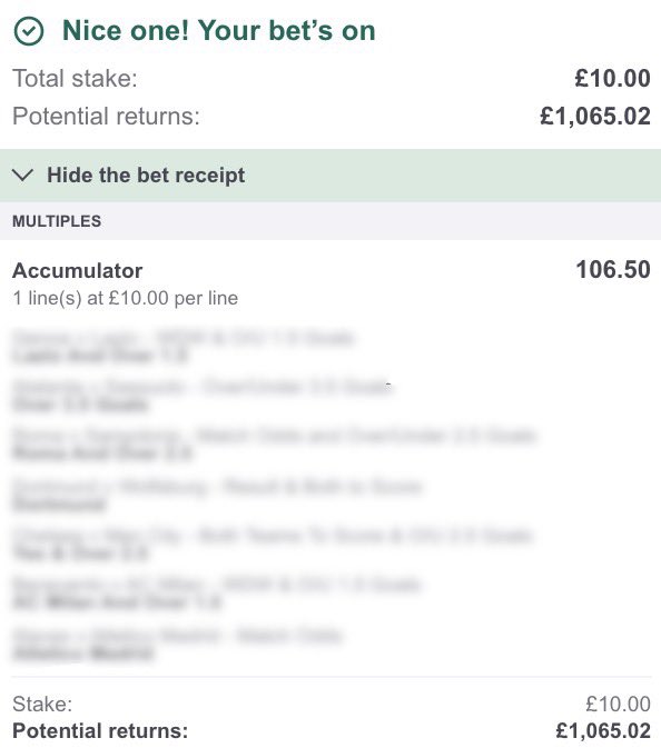 WOW! WOW! WOW! 🤯🤯🤯

MY 105/1 MEGA ACCA IS READY! ✅

To celebrate 100k followers wanted to do something a little different, if you want to get your hands on this beauty, you know what to do... 

SMASH THAT ❤️ IF YOU WANT IT!