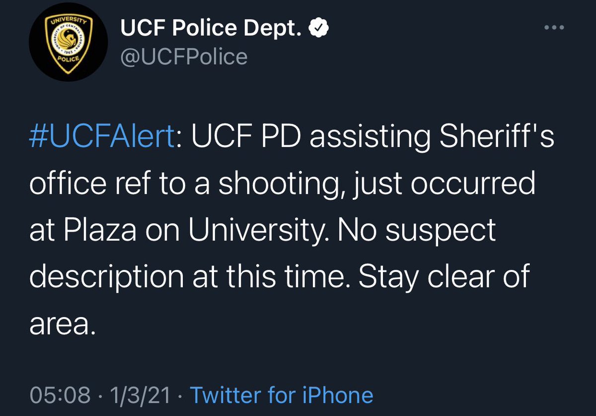 UCFKnightNews's tweet photo. #BREAKING: #UCFPD is assisting #OrangeCounty Sheriff's Office regarding a shooting that just occurred at Plaza on University.
UCFPD says there is no suspect description at this time and advises individuals to stay clear of area. Check back for updates. https://t.co/lOkemPon7Z