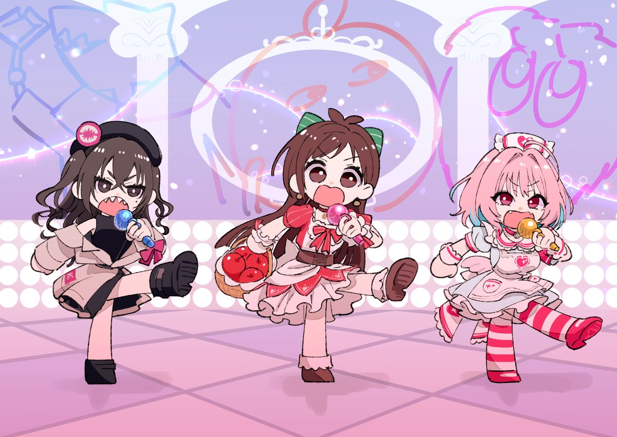 sunazuka akira ,yumemi riamu 3girls multiple girls apple sharp teeth fruit antenna hair food  illustration images