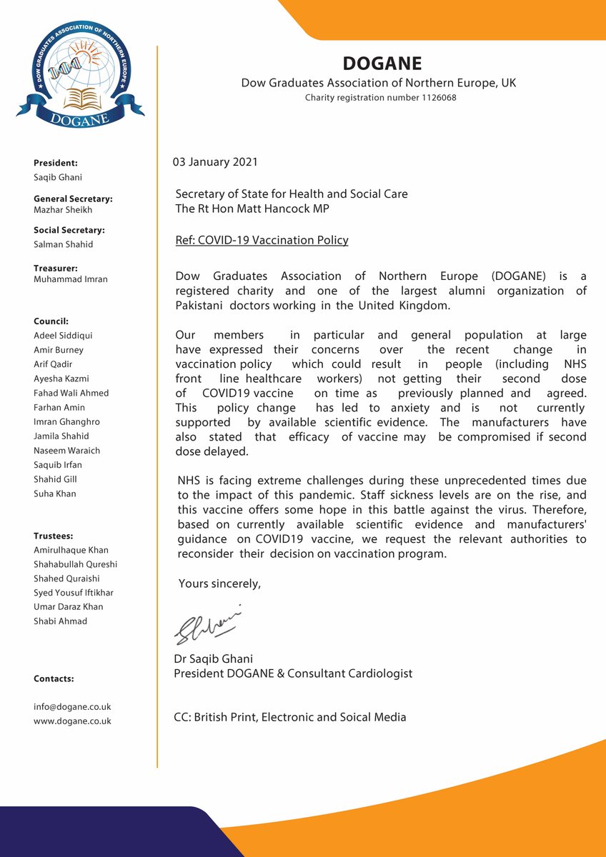 DOGANE expresses concern over recent Covid19 vaccine policy change. We kindly request relevant authorities to reconsider their decision. <a href="/appne_official/">APPNE</a> <a href="/MattHancock/">Matt Hancock</a> <a href="/bbchealth/">BBC Health News</a> <a href="/NHSuk/">NHS</a> <a href="/TheDA_UK/">Doctors’ Association UK</a> <a href="/Channel4/">Channel 4</a> <a href="/guardian/">The Guardian</a> <a href="/saqibghani/">Saqib Ghani</a> <a href="/Drsalman_shahid/">Salman Shahid</a> <a href="/MazharSheikh14/">Mazhar Sheikh</a> <a href="/imranM80/">Muhammad Imran</a> <a href="/BAPIOUK/">BAPIO</a>