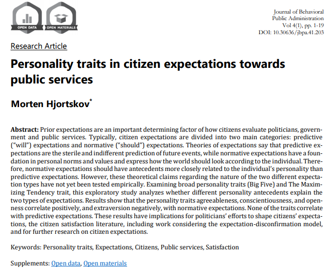 Fresh research letter: 

&gt;&gt;Personality traits in citizen expectations towards public services&lt;&lt;

by <a href="/MortenHjortskov/">Morten Hjortskov</a> 

Read it right now here: journal-bpa.org/index.php/jbpa…