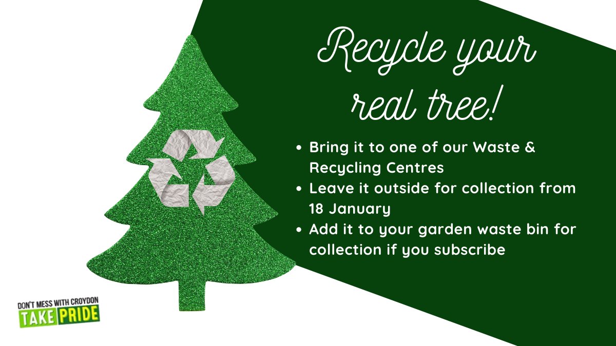 yourcroydon's tweet image. If you've purchased a real Christmas tree, make sure you recycle it after the festive period. Real Christmas trees can be taken to one of our recycling centres or picked up from 18 January – for free. For more info: ow.ly/kiU850CT71F #GreenChristmas #CroydonRecycles #DMWC