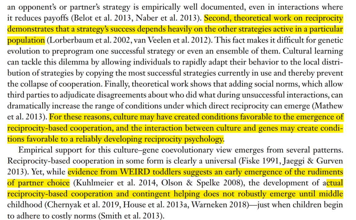 (since I'm dumb and jumping around the thread, see how this is related, cultural evolution having faster shifts depending on other strategies makes it better suited for tit-for-tat evolving, still plenty of human cooperation it can't explain)  https://twitter.com/SilverVVulpes/status/1345728579469012992
