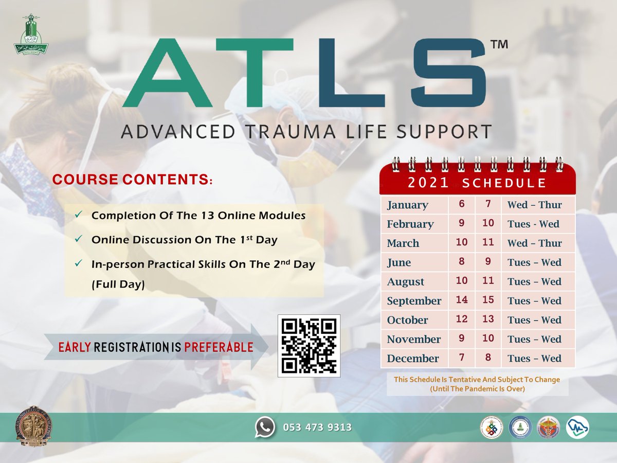 📢 Here we go 📢
For Medical Interns &amp; Doctors
ATLS Calendar Year 2021 is now released
For registration ->traumasurgkau.com
For Inquiries pls contact thru whatsapp #0534739313

<a href="/Dralmarhabi/">Dr.Almarhabi, Yahya</a> 
<a href="/bokera1/">A Boker</a> 
<a href="/CSSCKau/">ClinicalSkills&SIM</a> 
<a href="/KAUHospital/">الـمـسـتـشـفــى الـجـامـعــي</a> 
<a href="/SGSS_KSA/">SGSS</a> 
<a href="/GlobalMedEvents/">Medical Events 🇸🇦</a> 
<a href="/doctorksa/">DoctorKSA Medical</a> 
<a href="/SGMsaad/">د. سعد الـغـانم</a>