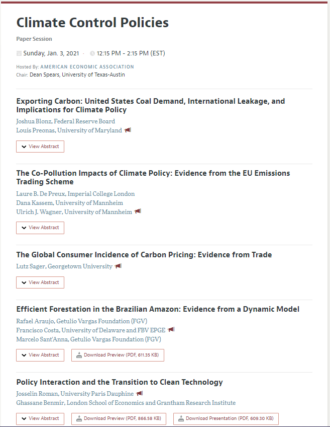 _FranciscoCosta's tweet photo. Join our session today at #ASSA2021!

"Climate Control Policies "
12:15-2:15pm ET, Jan 3rd

A terrific lineup of papers, incl. @lpreonas, @_Dana_K, @lutzsager and @joss_roman.

Hope to see you there!

https://t.co/SWJQc6zbo2, https://t.co/33ur9BFdZY