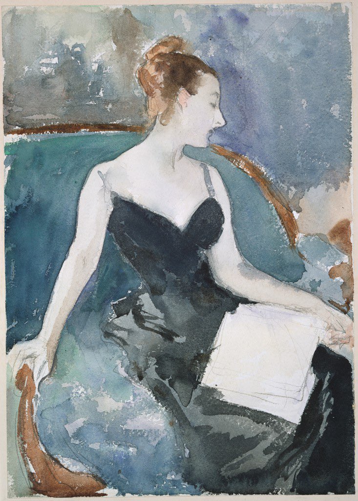 Eventually, Gautreau agreed to be painted but she was not an easy subject. She made Sargent wait for months until she was summering at her estate in Brittany. She was often bored, restless, and hated sitting still. (Yes, the position of the mouth & chair rim are unfortunate)