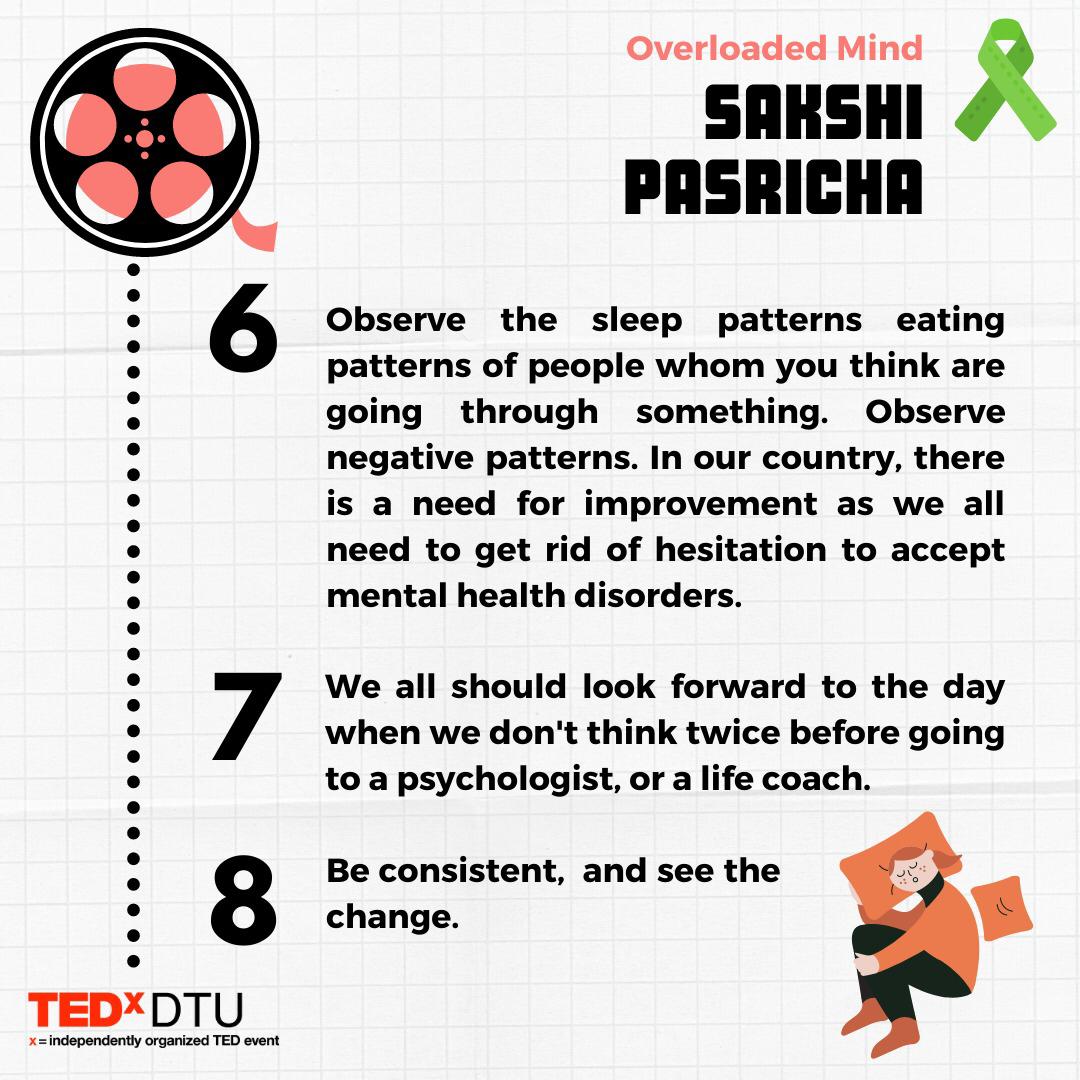 tedxdtuofficial's tweet photo. We present to you the Takeaways from Sakshi Pasricha’s talk on "Overloaded Mind"
#ted #tedx #tedxdtu #tedxdtu2021 #DTU #mentalhealth #mentalhealthmatters #mentalhealthawareness #tedxtalks #MentalHealth #TheLateEveningShow #mind #body https://t.co/BODEkZDEeo