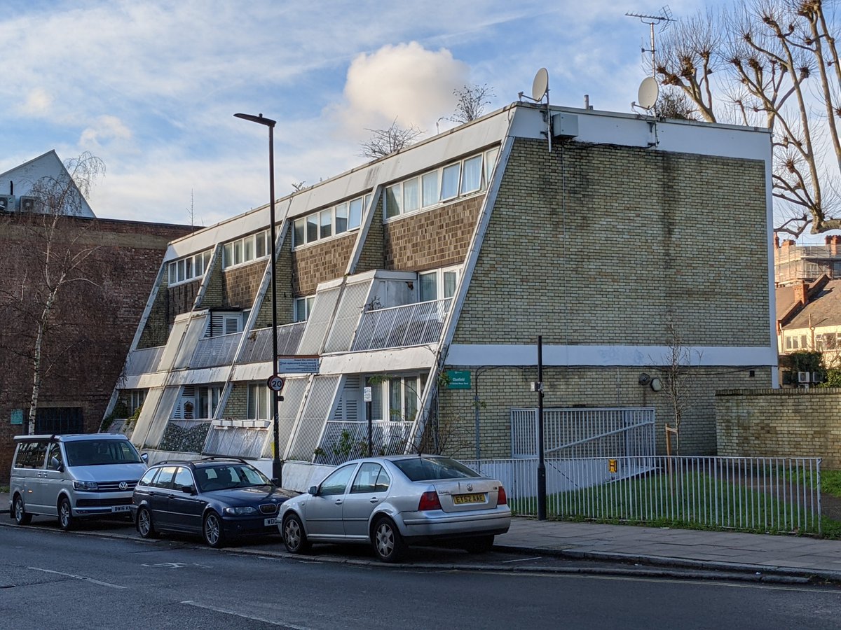 14/ The Highgate Road Estate, originally designed by Robert Bailie for St Pancras Metropolitan Borough Council but built by Camden from 1965. The (sloping) Clanfield House block was added in 1971.