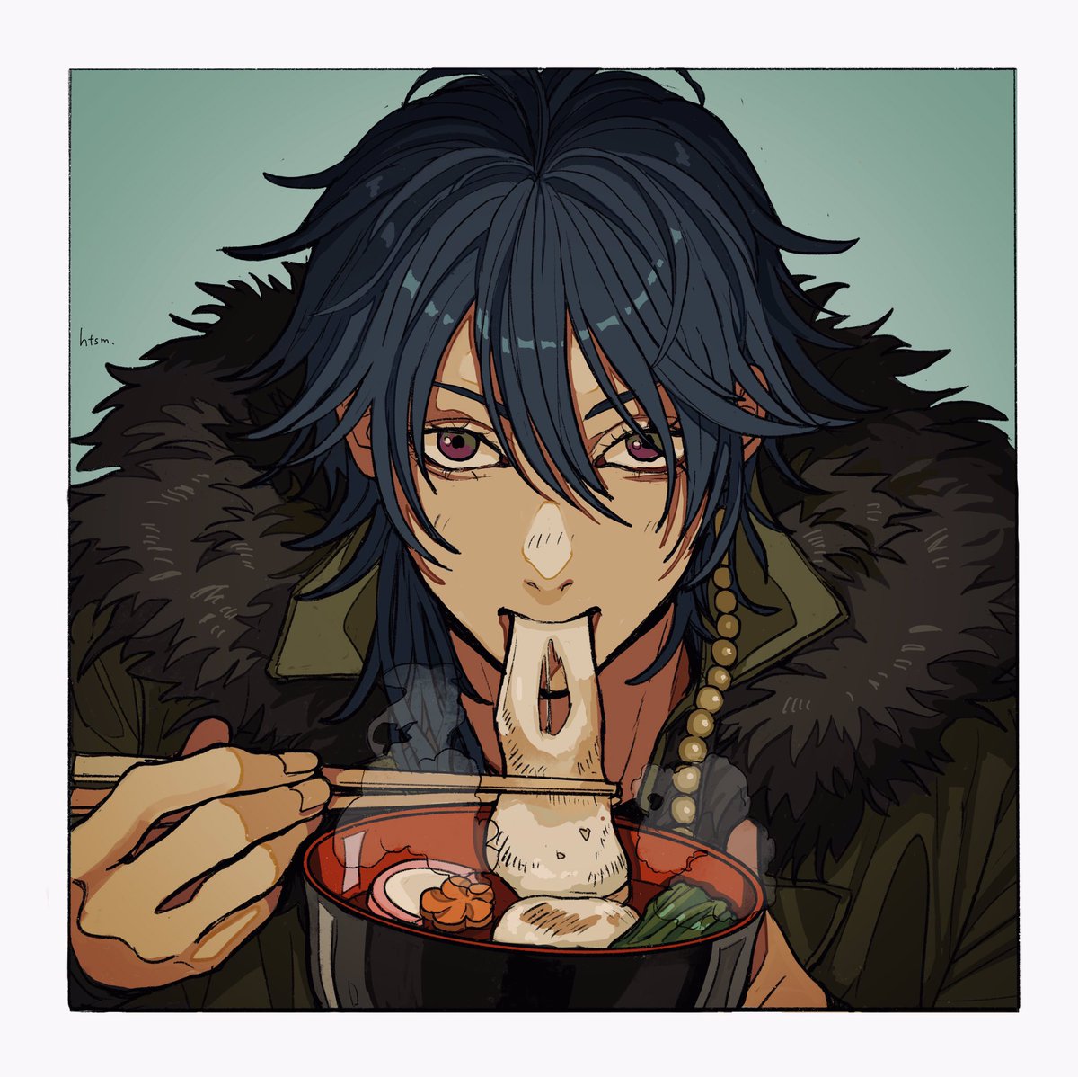 1boy male focus eating food solo bowl holding  illustration images