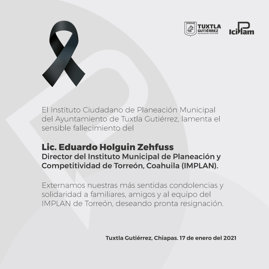 ICIPLAM's tweet photo. Externamos nuestras condolencias y abrazo solidario a familiares, amigas, amigos, así como al equipo del @trcimplan por el sensible fallecimiento de su Director, @Eduardo_Holguin.

@AMIMPOficial #Torreón https://t.co/jPS7TwoxjA