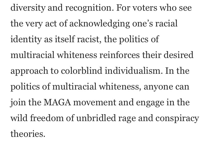 One alleged (CRT) explanation for POC engagement in whiteness (besides internalize oppression) is this the ability to evade racial conversations via hegemonic myths/narratives/norms, etc