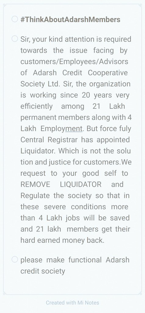 #Save21LakhAdarshFamily
#Save21LakhAdarshFamily
Remove liquidator and  regulate the society so that in these sever conditions more 4 lakh jobs will be saved and 21 lakh customers can get their hard earned money
<a href="/rashtrapatibhvn/">President of India</a>
<a href="/narendramodi/">Narendra Modi</a>
<a href="/nstomar/">Narendra Singh Tomar</a>
<a href="/nsitharaman/">Nirmala Sitharaman</a>
@nsitharamanoff