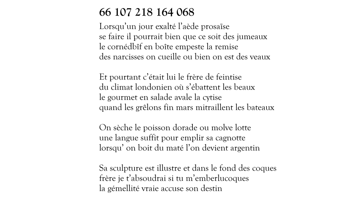Voici le sonnet 66 107 218 164 068 sur 100 000 000 000 000. Il en reste 99 999 999 998 423 à tweeter. https://t.co/yghpAhv4va