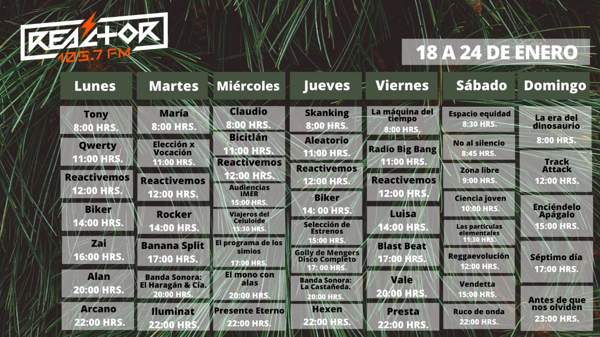 Les compartimos la programación que tendremos del 18 al 24 de enero en Reactor #ElOrdenDelCaos 📻😁