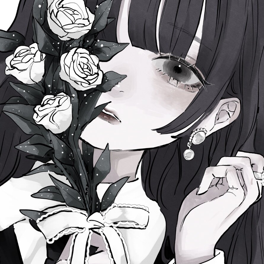 1girl flower solo jewelry earrings long hair rose  illustration images