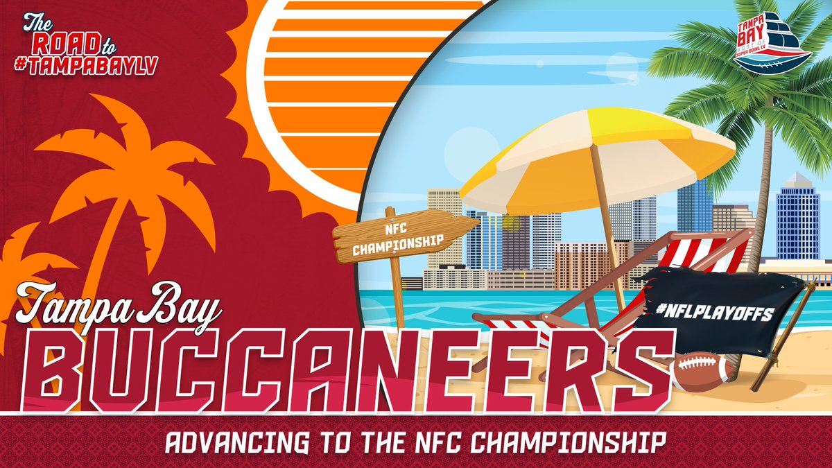 TampaBayLV's tweet photo. BUCS WIN‼️ One more stop on the "Road to #TampaBayLV!"

Our hometown @Buccaneers are off to the NFC Championship for the first time since 2003! 

#RaiseTheFlags // #GoBucs https://t.co/qAxCmoQLdI