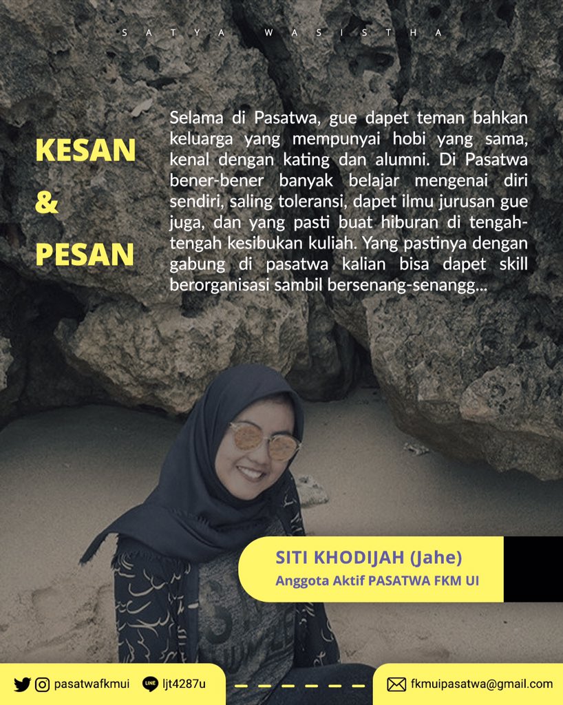PasatwaFKMUI's tweet photo. [KESAN DAN PESAN ANGGOTA]
.
Ini nih kesan dan pesan dari salah satu anggota Pasatwa yaitu Kak Jahe alias Siti Khodijah.
.
Seru banget ga si ikut pasatwaa?!
.
Ga sabar join keseruannya?! Yuk, buruan daftaar!
https://t.co/M1JMGgrLcf
.
#PASATWAFKMUI
#SATYAWASISTHA https://t.co/RvLHwnxlNi