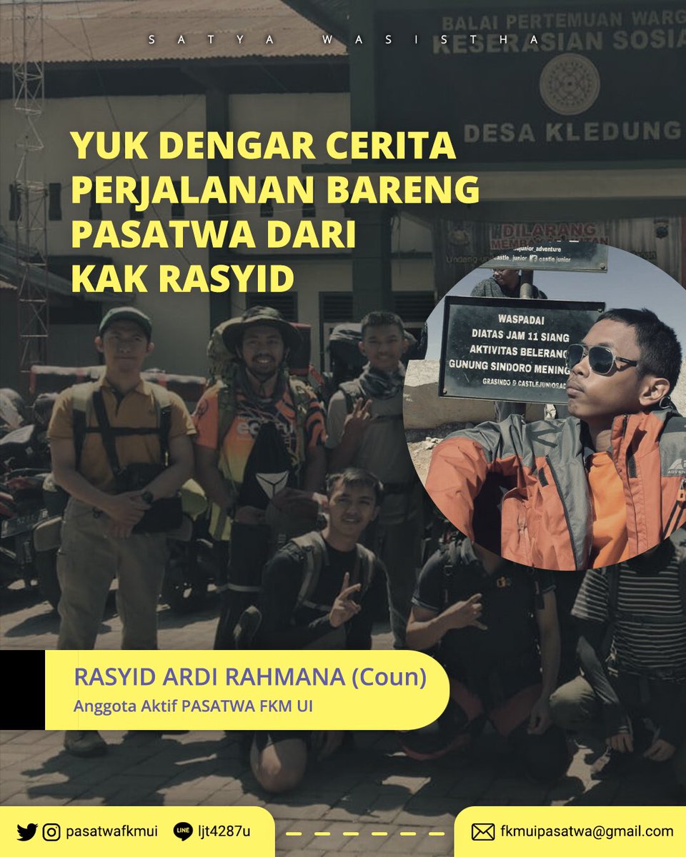 PasatwaFKMUI's tweet photo. [JALAN BARENG PASATWA? SERU GASI?]
.
Kali ini ada yang cerita keseruannya ni. Story Tellernya adalah Kak Coun alias Ka Rasyid.
.
Penasaran kaan?! Langsung aja,
Yuk disimak ceritanya...
Trus daftar deh jadi anggota Pasatwa di https://t.co/M1JMGgrLcf
.
#PASATWAFKMUI
#SATYAWASISTHA https://t.co/5m36pQcyQ4