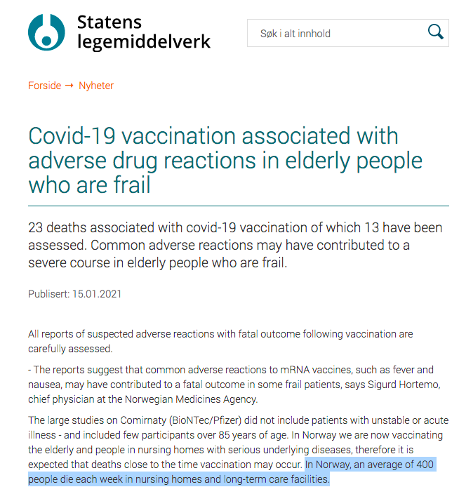 2. ... and the official statement from Statens legemiddelverk (Norwegian Medicines Agency): https://legemiddelverket.no/nyheter/covid-19-vaccination-associated-with-deaths-in-elderly-people-who-are-frail"In Norway, an average of 400 people die each week in nursing homes and long-term care facilities."