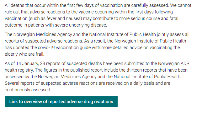 2. ... and the official statement from Statens legemiddelverk (Norwegian Medicines Agency): https://legemiddelverket.no/nyheter/covid-19-vaccination-associated-with-deaths-in-elderly-people-who-are-frail"In Norway, an average of 400 people die each week in nursing homes and long-term care facilities."