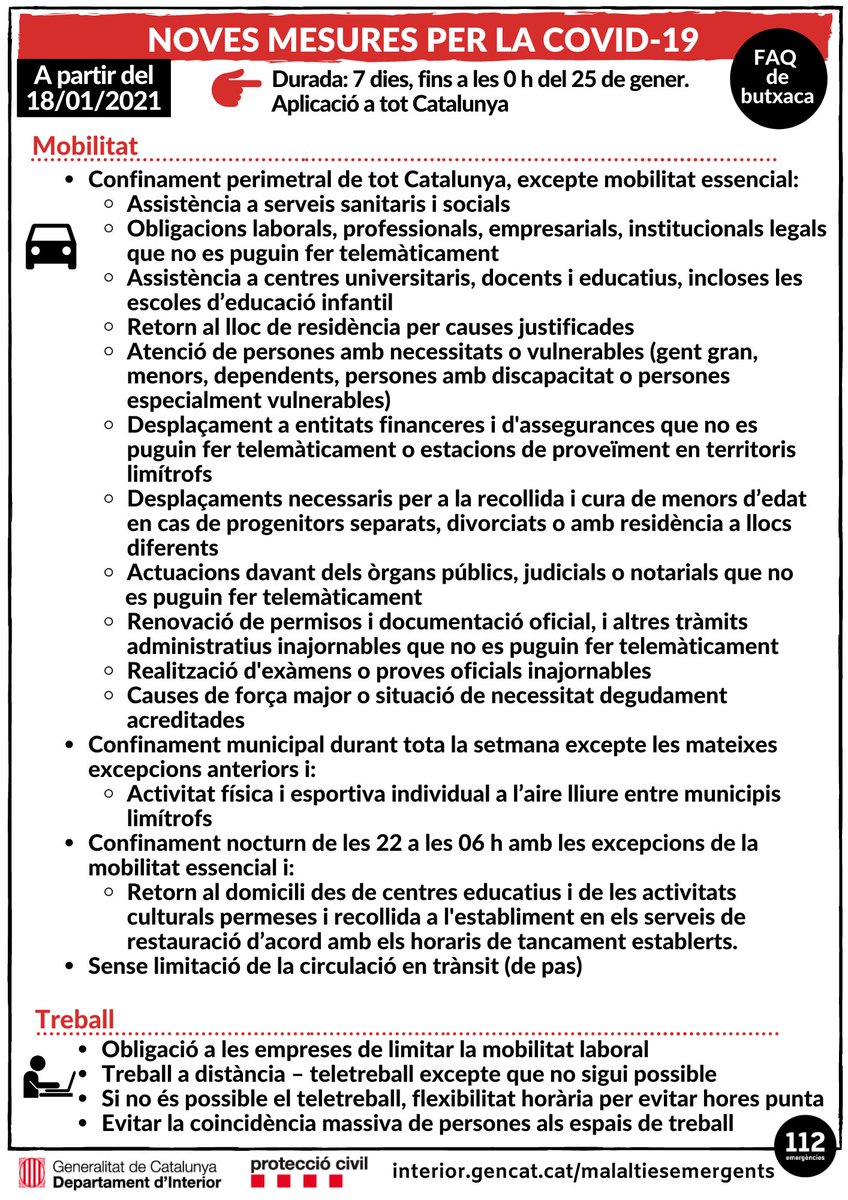 emergenciescat's tweet photo. #bondia

🔴 Pròrroga de les mesures de restricció actuals per frenar la propagació de la #COVID19, que seran vigents des de les 00 hores d'avui 18 de gener fins a les 00 hores del 25 de gener

Mesures d'aplicació a tot Catalunya 👇 👇 👇 👇 👇 👇 https://t.co/MJmNRY4cjw