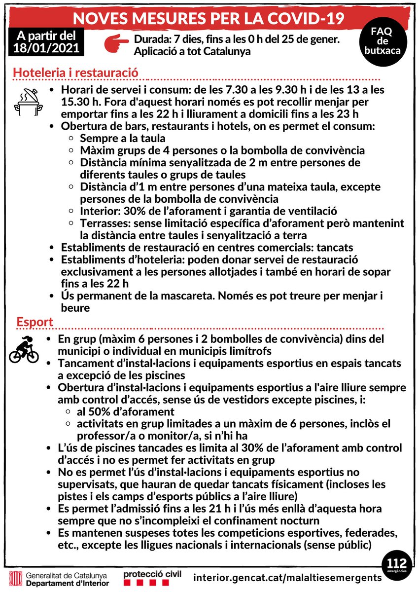 emergenciescat's tweet photo. #bondia

🔴 Pròrroga de les mesures de restricció actuals per frenar la propagació de la #COVID19, que seran vigents des de les 00 hores d'avui 18 de gener fins a les 00 hores del 25 de gener

Mesures d'aplicació a tot Catalunya 👇 👇 👇 👇 👇 👇 https://t.co/MJmNRY4cjw