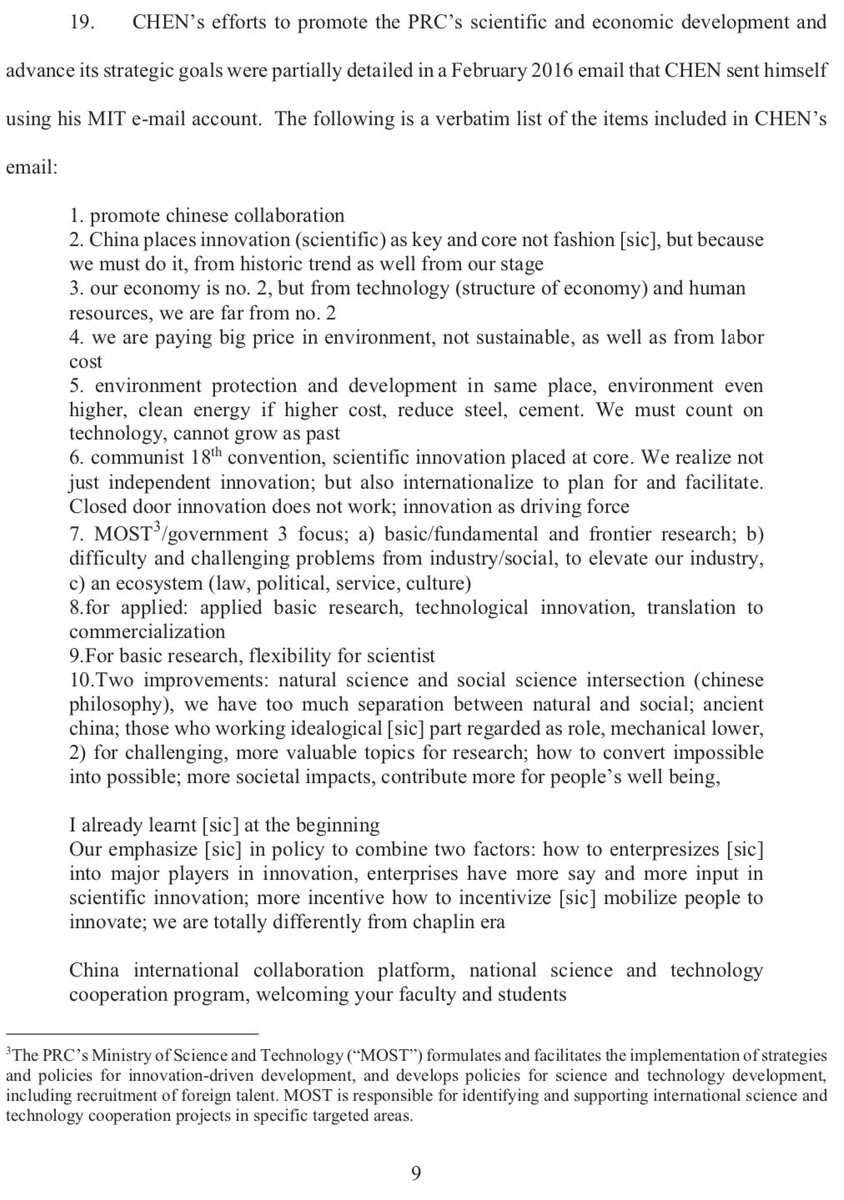 19. McCarthy reads an email. Chen notes to himself that China wants to invest in science, and brainstorms ways to promote collaboration between MIT and China.Why is this email relevant?Wishing to promote scientific collaboration is not a crime and is unrelated to the charges.