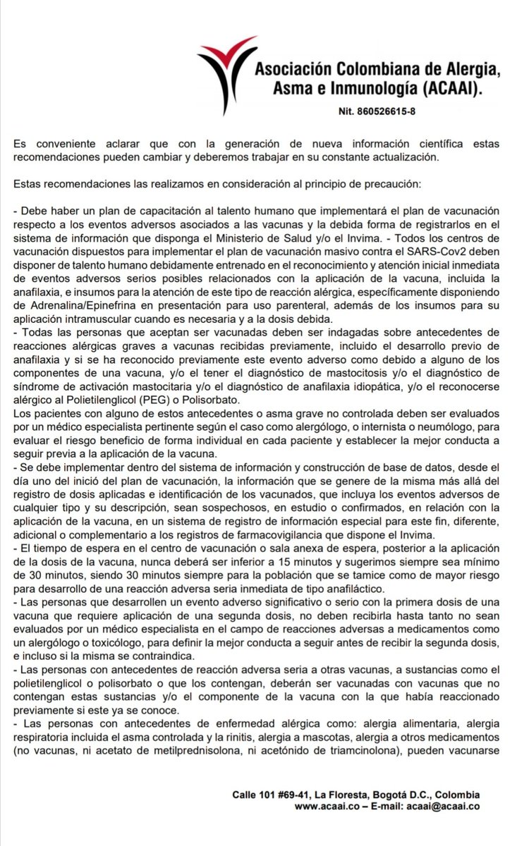 lilo1278's tweet photo. ⚠️IMPORTANTE 📢 @MinSaludCol @Fruizgomez 
Recomendaciones de la Asociación Colombiana de Alergia, Asma e Inmunología sobre la vacuna contra SARSCoV2   #covid19 @ACAAIcol @icesi https://t.co/djIU2nasAn